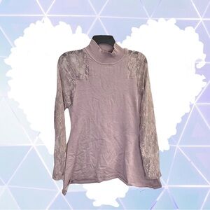 Questions Mauve Ribbed Stretch Knit Sweater  Top w Sheer Lace Sleeves Women M